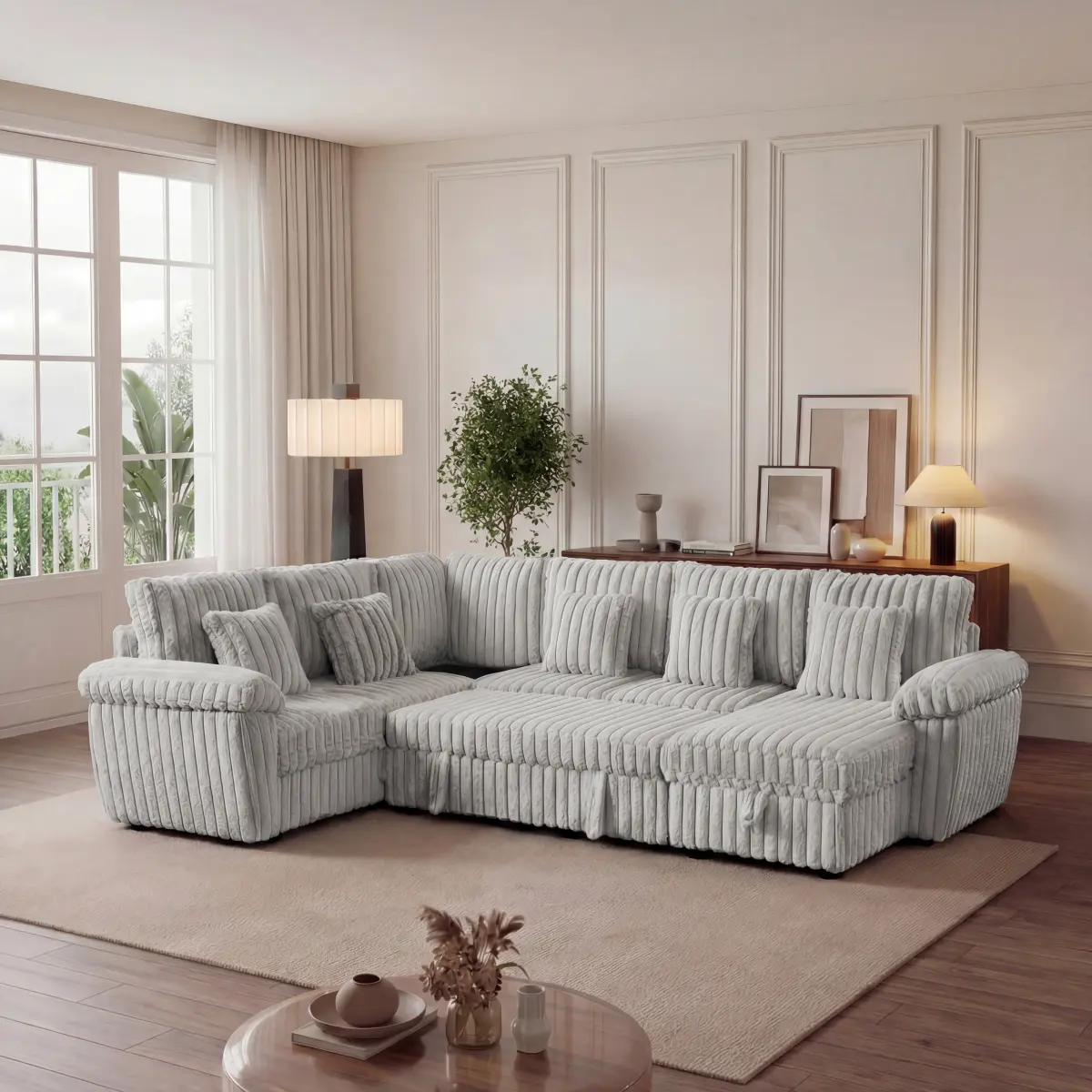 U-Shaped Sectional Sofa Bed, 103 Inch Oversized Corduroy Sleeper Sofa with Pull Out Bed, Storage Chaise, Plush Deep Seat Modular Couch with Coffee Table, USB Port & Cup Holders, Large Living Room Furniture for Family Apartment