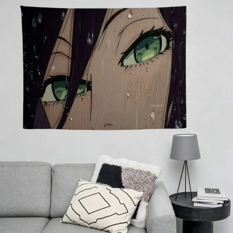 Cyberpunk Anime Girl Green Eyes Tapestry Rain Water Drips Face Close Up Portrait Wall Hanging Wet Aesthetic Waifu Manga Fan Bedroom Gaming Room Decor Dorm Banner