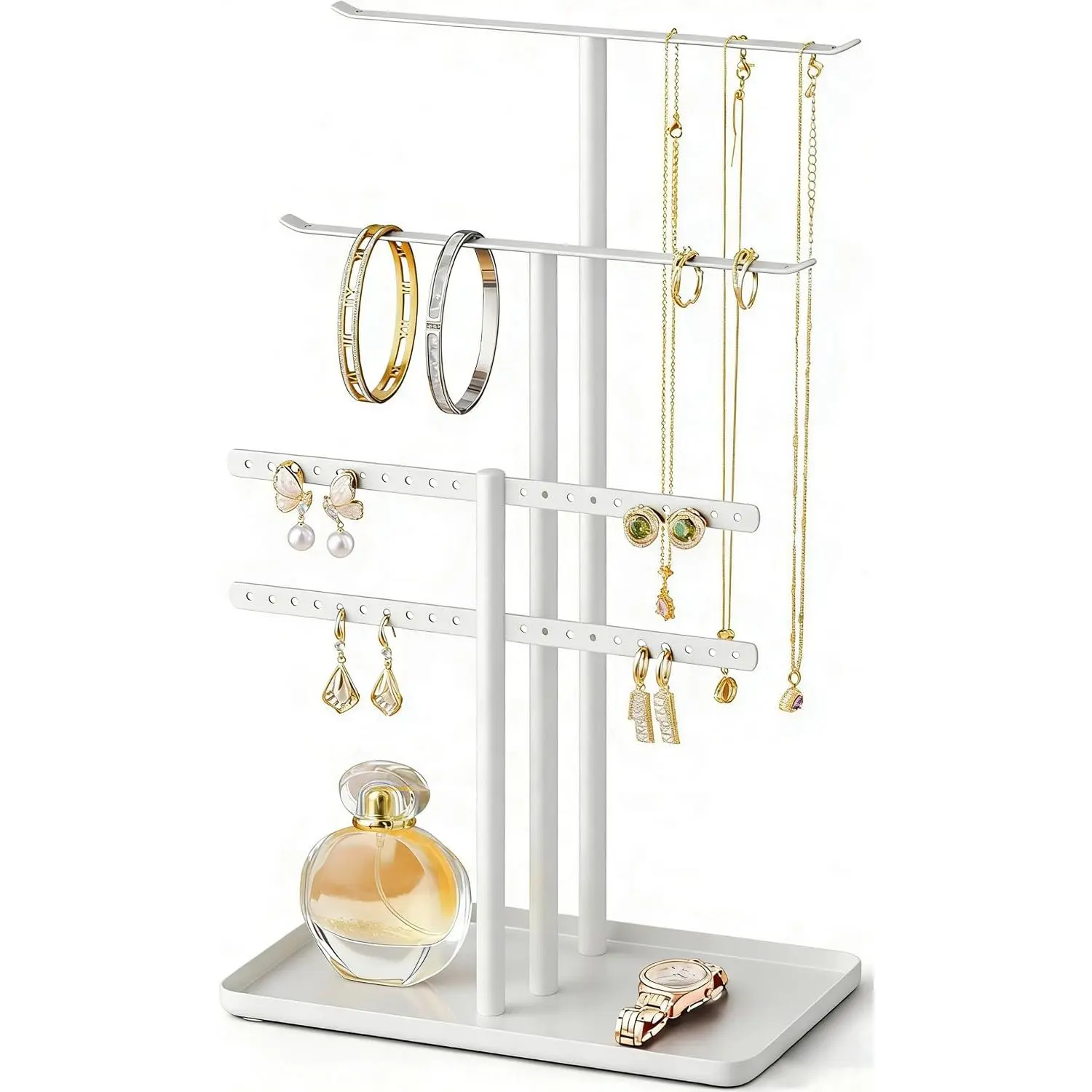Stand Organizer, 14.5" Tall Sturdy Metal, 3-TierJewelry Holder for Necklace, Earring, Bracelet, Ring, Hanger for Display and Storage, Aesthetic Room Decor, White