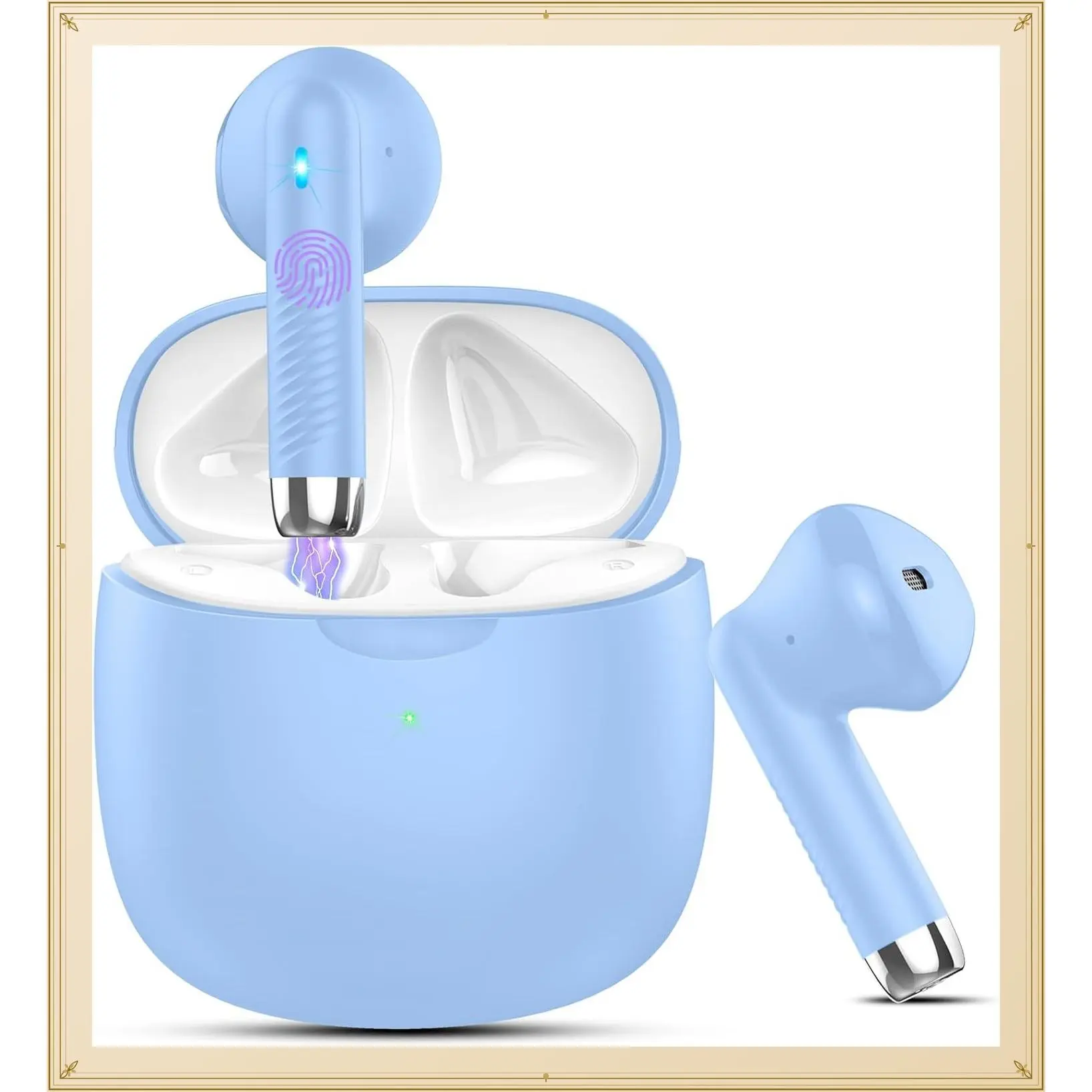 Wireless Earbuds, Bluetooth 5.4 In-Ear Headphones with Noise Cancelling Mic, Stereo Bass, IP7 Waterproof Sports, 32H Playtime, USB-C Charging, Light Blue for Android iOSGift