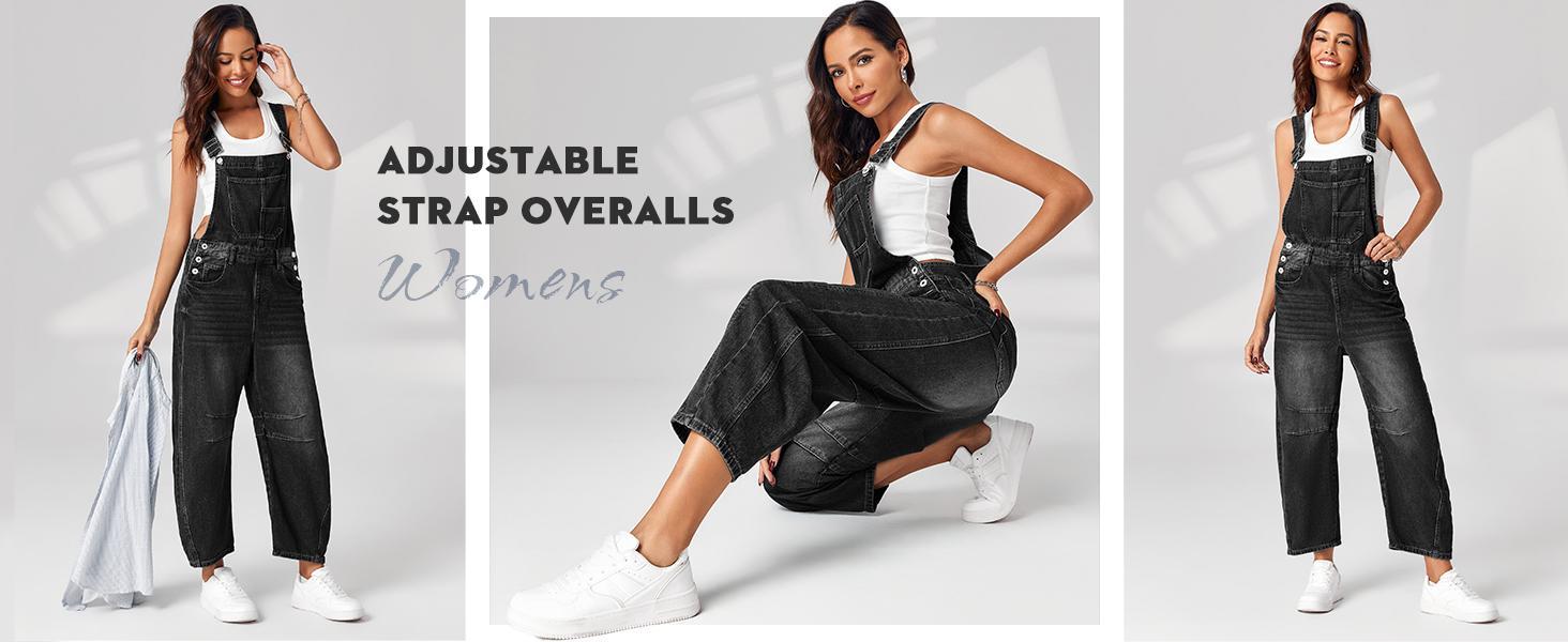 Imily Bela Womens Denim Bib Overalls Barrel Leg Adjustable Strap Jean Pants Jumpsuits with Pockets Blue Womenswear