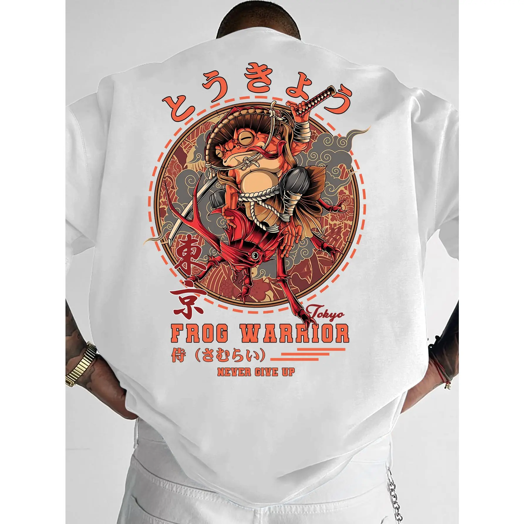 Men's Plus Size Casual Knit Fabric Short-Sleeve Tops - Tokyo Frog Samurai Print Japanese Regional Style T-Shirt, Menswear, Polyester, Round Neck, Stretch