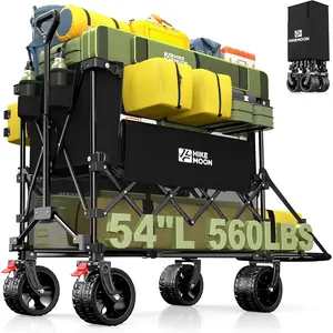 400L Double Decker Wagon with Tailgate 54'' Extra Long, 560LBS Heavy Duty Wagons Carts Foldable, Big All-Terrain Wheels with Brakes, Utility Folding Cart for Beach, Camping, Sports, Black
