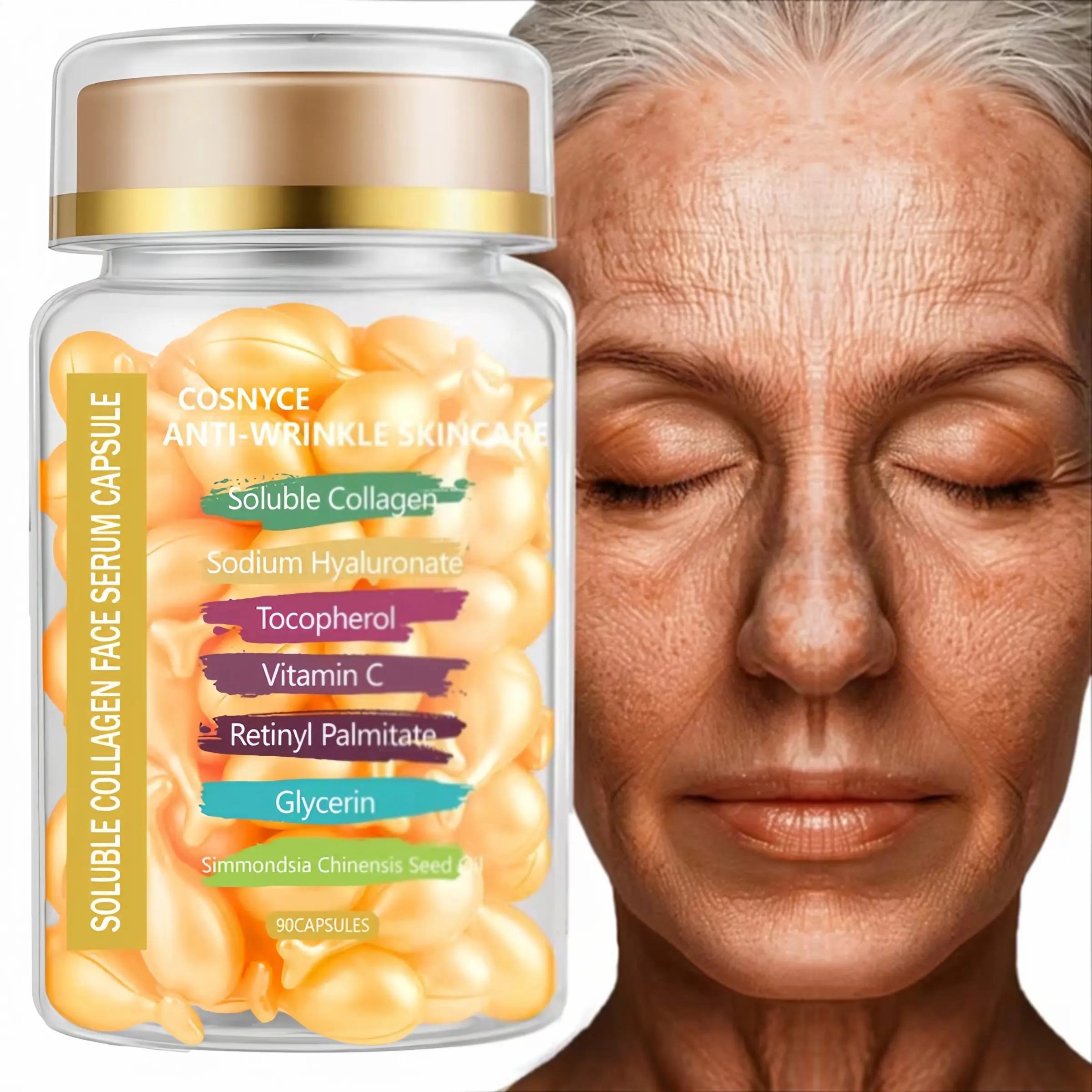 Collagen Face Serum, 90 Capsules, Anti-Wrinkle Formula with Hyaluronic Acid and Retinol, Reduces Skin Sagging, Enhances Facial Contour