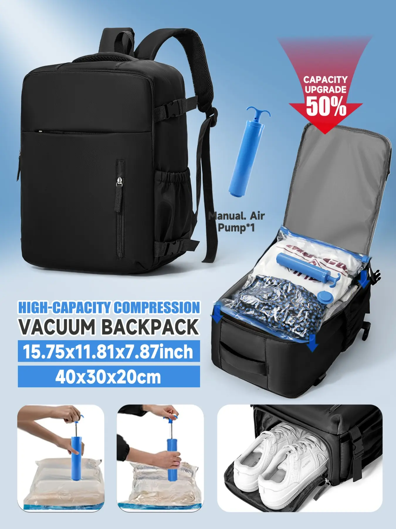 Women's Airport Approved Backpack with Vacuum Compression Bag, Casual Textile Travel Bag, Laptop Compatible, 15.75x11.81x7.87 Inches, Travel Backpacks