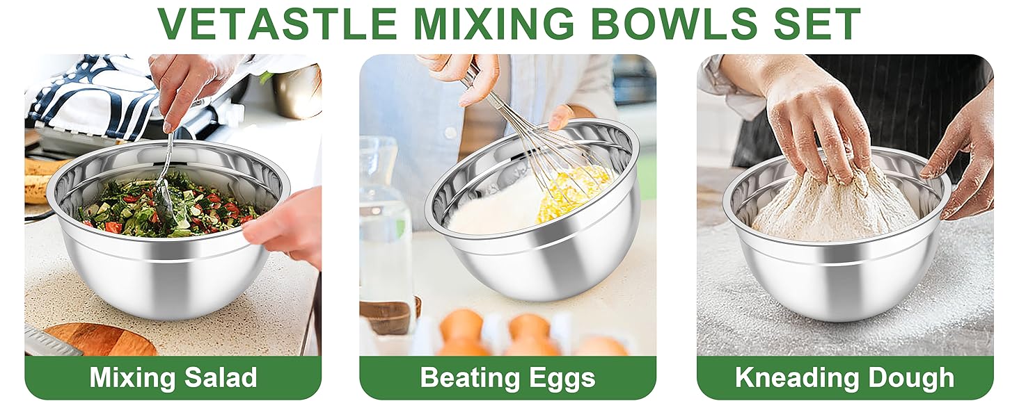 Mixing Bowls with Airtight Lids, 5PCS Stainless Steel Metal Salad Bowl with 3 Grater Attachments, for Cooking, Prepping, Serving, Healthy & Easy Clean - 0.7/1/1.5/2.6/4.6QT, Khaki