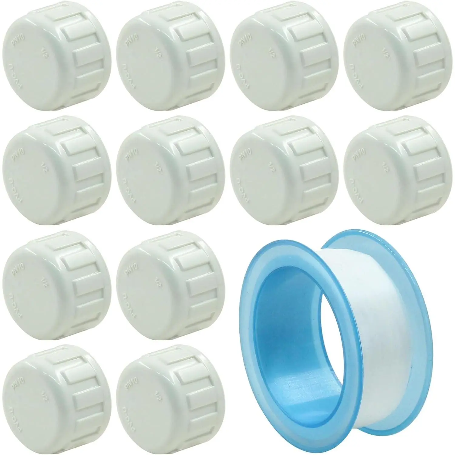 1/2 Inch Threaded PVC Sprinkler Cap, White, 12 count | Female PVC Pipe End Cap Plug, Includes Sealing Tape, For 0.5 Inch Pipe, Garden Hose Caps