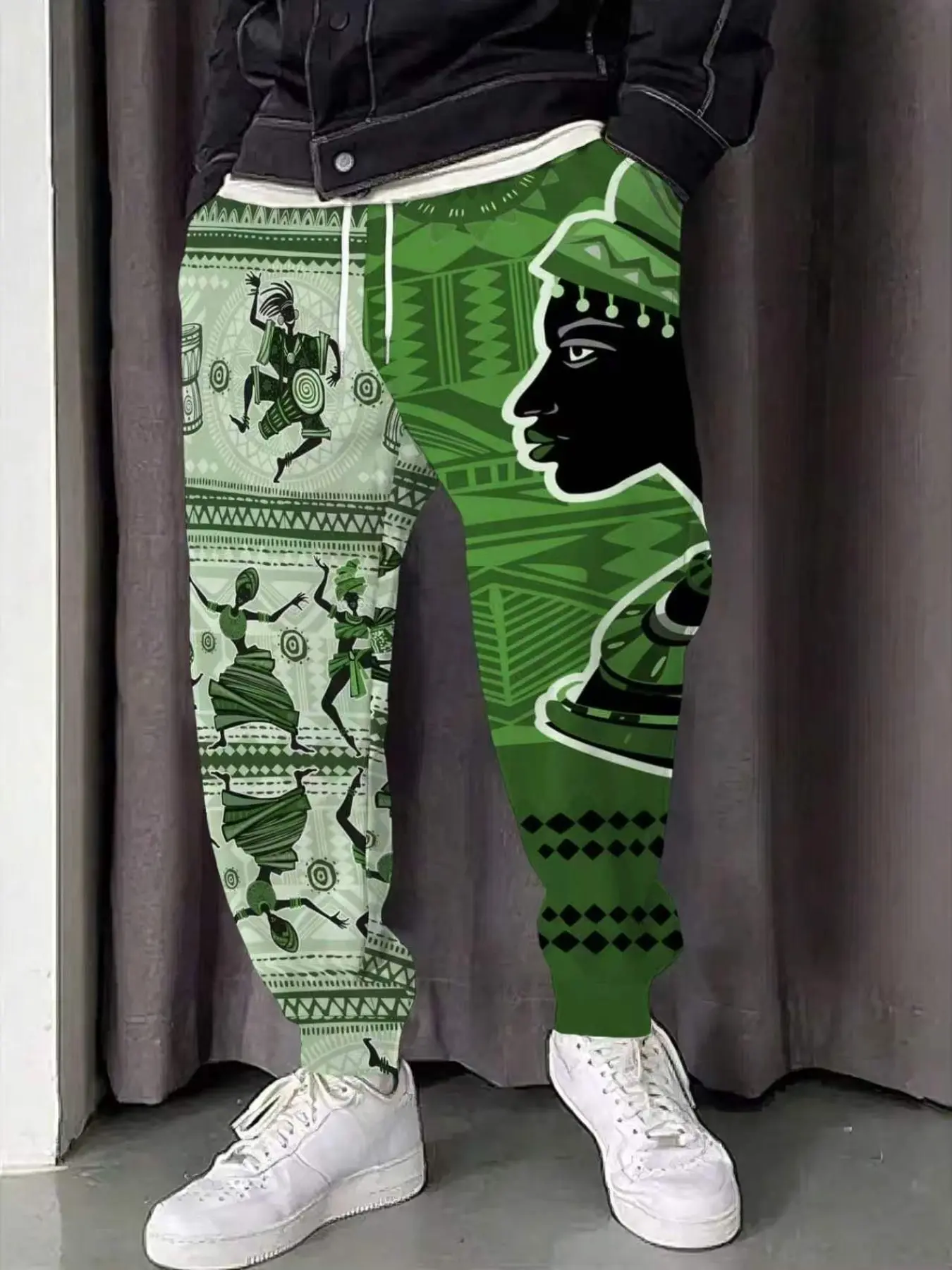 Men's African Traditional Dancer Geometric Print Sweatpants, Casual Slim-Fit Long Pants, Fall Streetwear, Tribal Culture Fashion