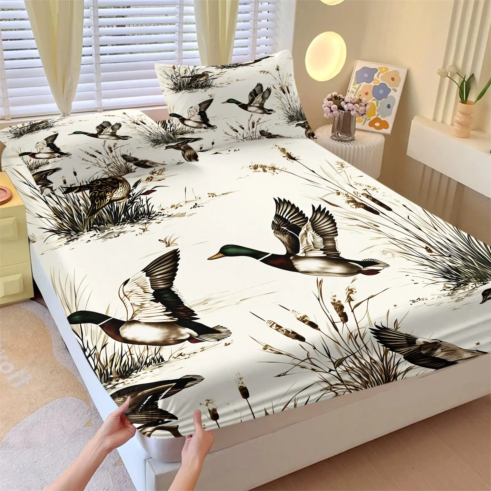 3PCS Vintage Mallard Duck Reed Fitted Sheet Set (1 Fitted Sheet + 2 Pillowcases, No Pillows Included),Soft Breathable Skin-Friendly Fabric,Home Dorm High-Definition Digital Printing,Luxurious Hunting Rustic Theme Bedding,Vintage Rustic Summer Vibes