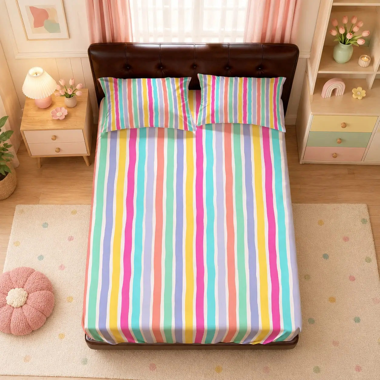 3-Piece Macaron Rainbow Vertical Stripe Fitted Sheet Set, single-sided digital print with candy-colored hand-drawn stripes, 1 fitted sheet + 2 pillowcases, no inserts included. For bedrooms, student dorms, homestays, perfect gift fo