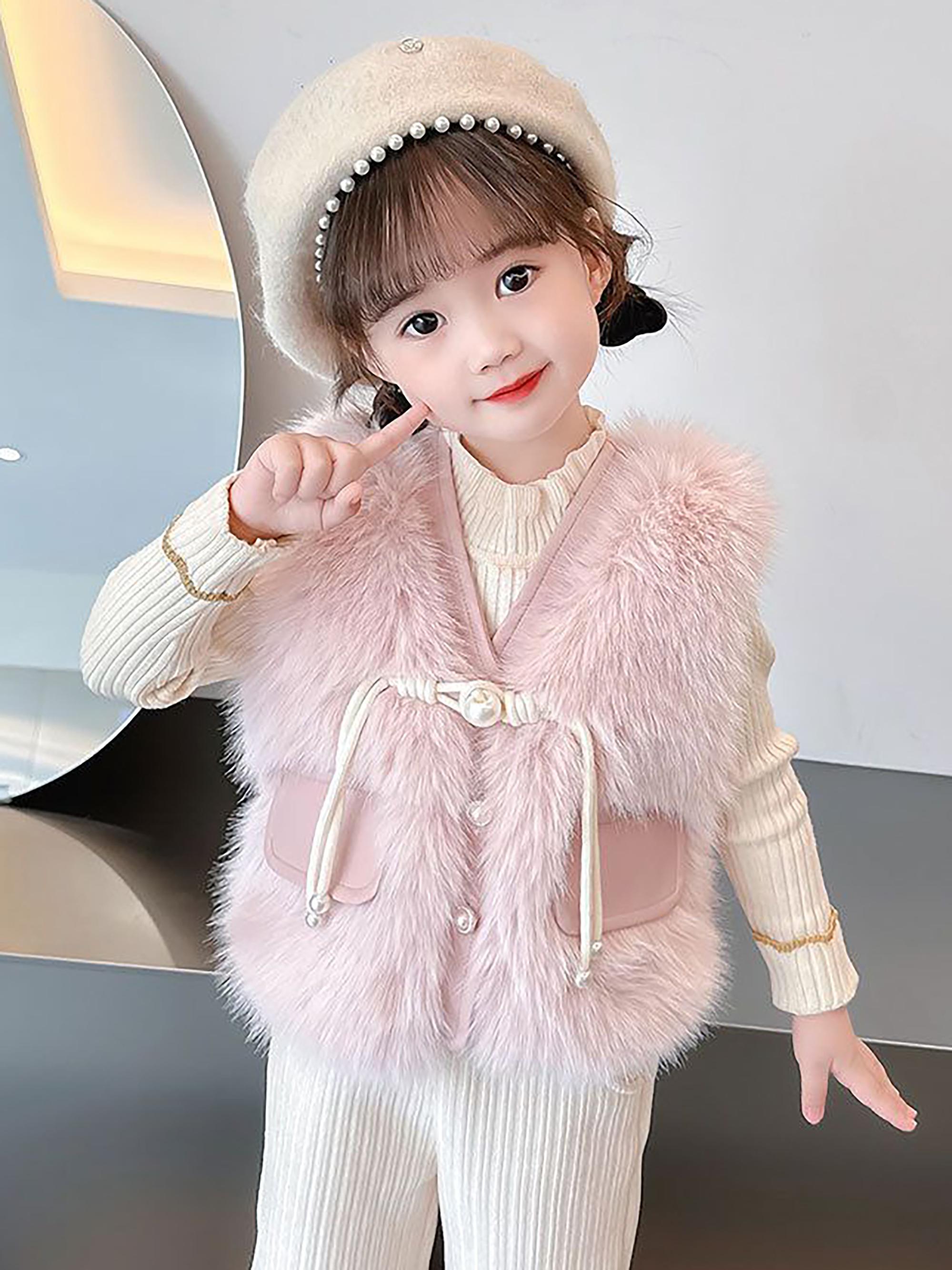 Girls' Thickened Winter Vest Jacket - Soft Pink Plush & Zipper Closure, Cozy Polyester Sleeveless Coat with Ruffled Collar & Waist Tie, Casual Elegant Outerwear for & Little Girls (Spring/Autumn) - Easy-Care Durable Design