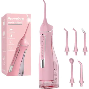 Cordless Portable Water Flosser with 300ML Tank: Rechargeable Oral Irrigator with 5 Tips for Travel, Braces Care and Sensitive Gums, IPX7 Waterproof Teeth Cleaning Device(Pink)