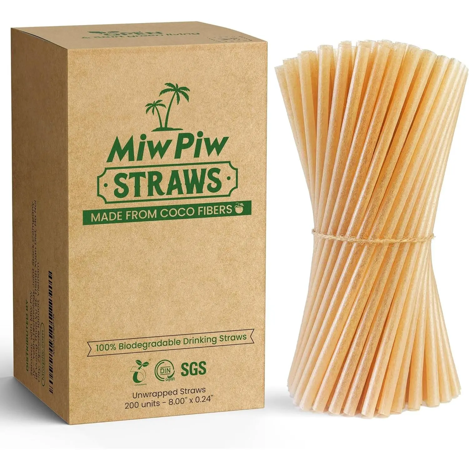 Biodegradable Coconut Straws 200Pcs Coco Fiber Drinking Disposable