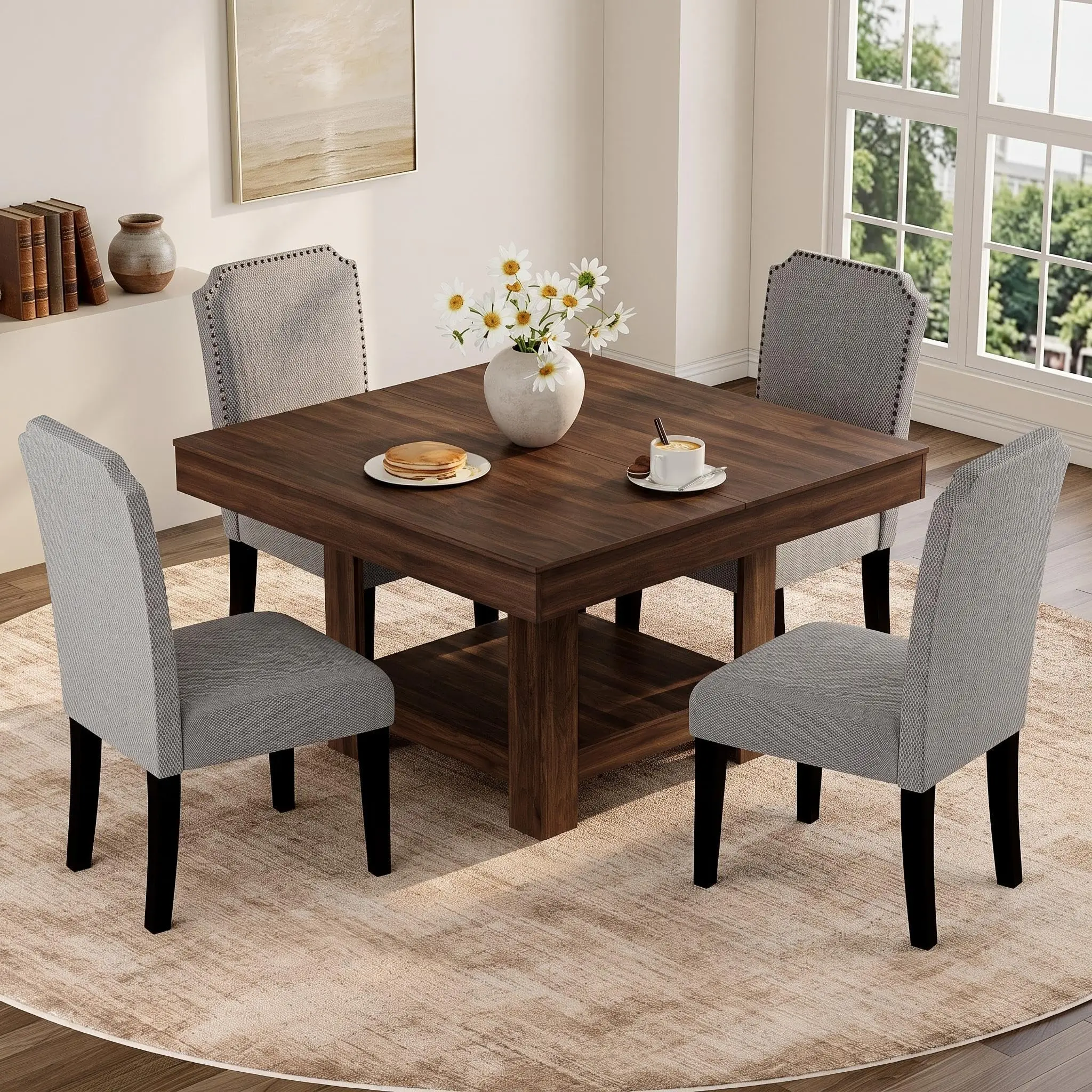 GAOMON Square Dining Room Table - 350lbs Load Capacity, Waterproof Wooden Surface, Sturdy Triangle Legs, 2-Tier Storage Shelf, Fits 4-6 People, Available in Brown, Grey, Rustic Pear Finishes