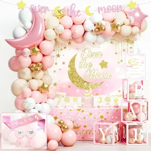 Party Inspo Over the Moon Baby Shower Decorations for Girl – 127 PCs Moon Themed Party Supplies with Backdrop Balloon Garland Cake Topper Tablecloth Sash Poster Banner for Girl Baby Shower