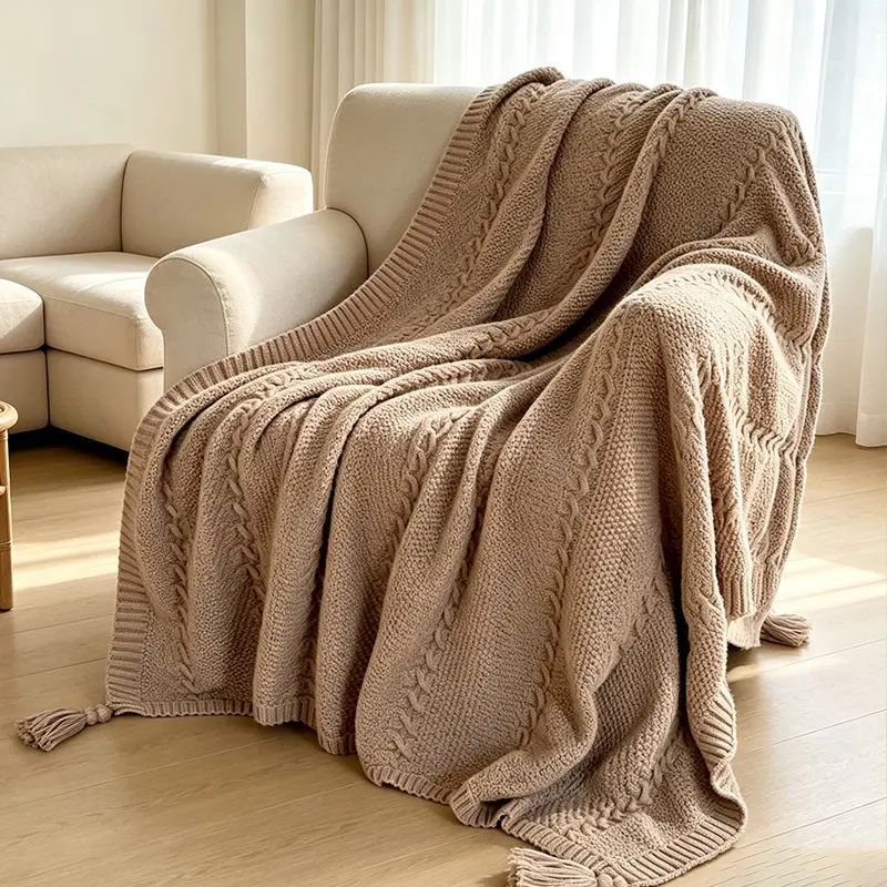 Soft Airflow Friendly Braided Knit Throw Blanket, Cozy Throw Blankets, Decorative Tassel Corners, Compact Warm Layer, Ideal for Family, Birthday & Festival Gifts
