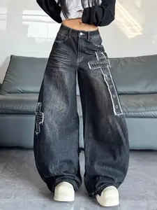 Women's Vintage Washed Denim Jeans, Cross Stitch Frayed Hem Patchwork Rivet Embellished Bell Bottoms, Streetwear Punk Fashion Loose Long Pants, Grunge Punk Jeans