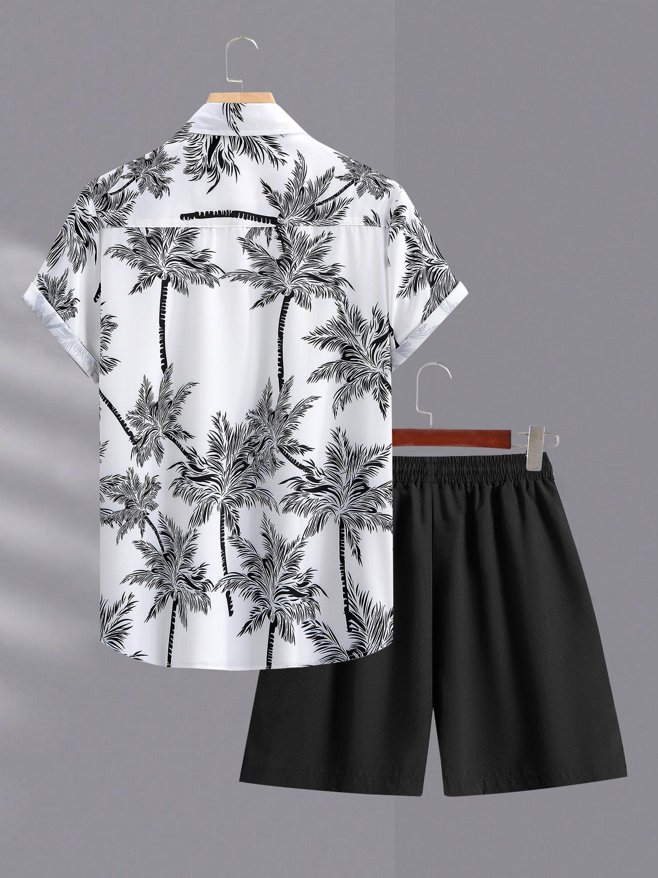 Men's Tropical Coconut Tree Print Shirt & Shorts Set, Regular Fit Casual Short Sleeve Button Up Top & Drawstring Waist Shorts, Men's Summer Outfits