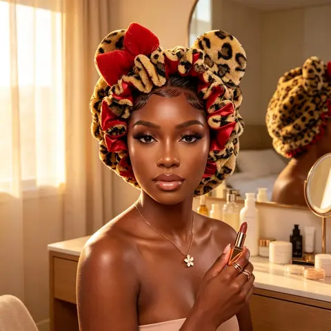 Women's Viral Plush Leopard Print Satin-Lined Anti-Frizz Haircare Bonnet, Elastic Band Night Cap for Curly Hair (Ideal for Skincare Routine), Bonnets For Women