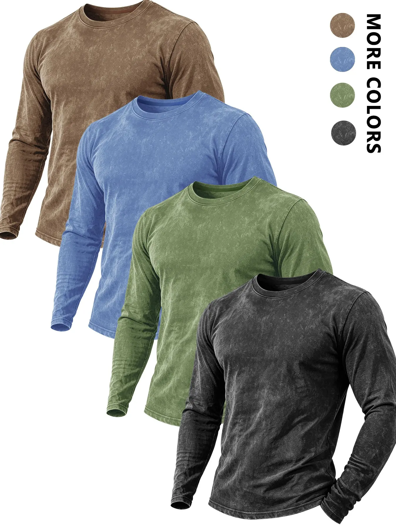 4 Pack Men's Vintage Snow Wash Crew Neck Long Sleeve T-Shirts, Solid Color No Print Loose Minimal Basic Street Tops, Suitable For All Seasons Daily Fitness & Outdoor Outfits Streetwear#trendingtees #viraloutfits #basicsfits