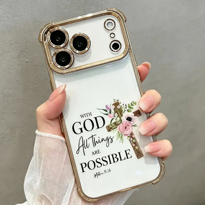 With GOD All Things Are Possible Phone Case for iPhone 17 17 Pro Max Air 16 16 Pro Max Plus 15 15 Pro Max Plus 14 14 Pro Max Plus 13 12 11 Christian Faith Cross Floral Pattern Soft Silicone Shockproof Protective Cover Gift DDSJ260404003 cute