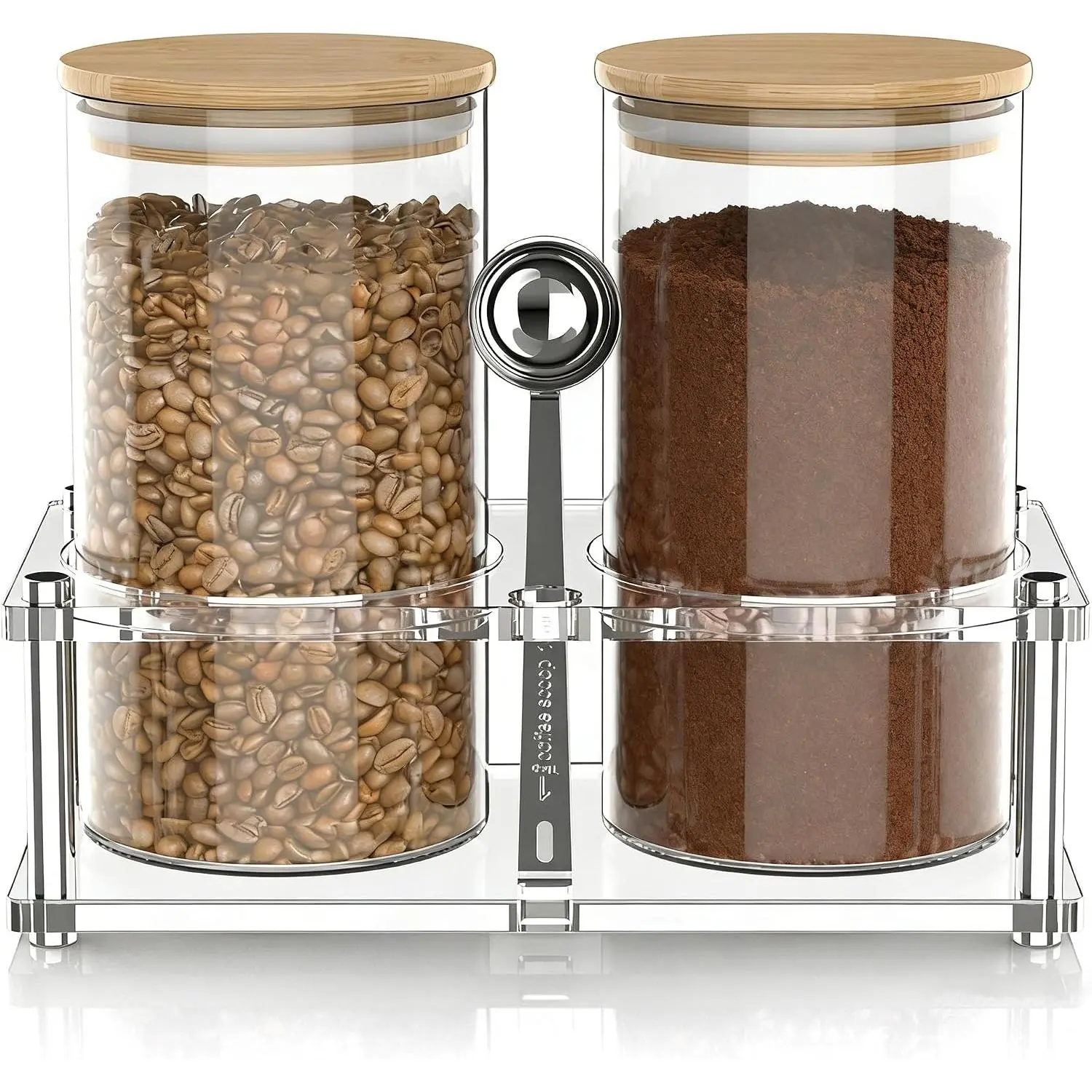 Glass Coffee Canister Set with  Shelf, 2-Pack 44oz Airtight  Storage Containers,  Lid & Scoop for Ground Coffee Sugar  Nuts Kitchen Pantry