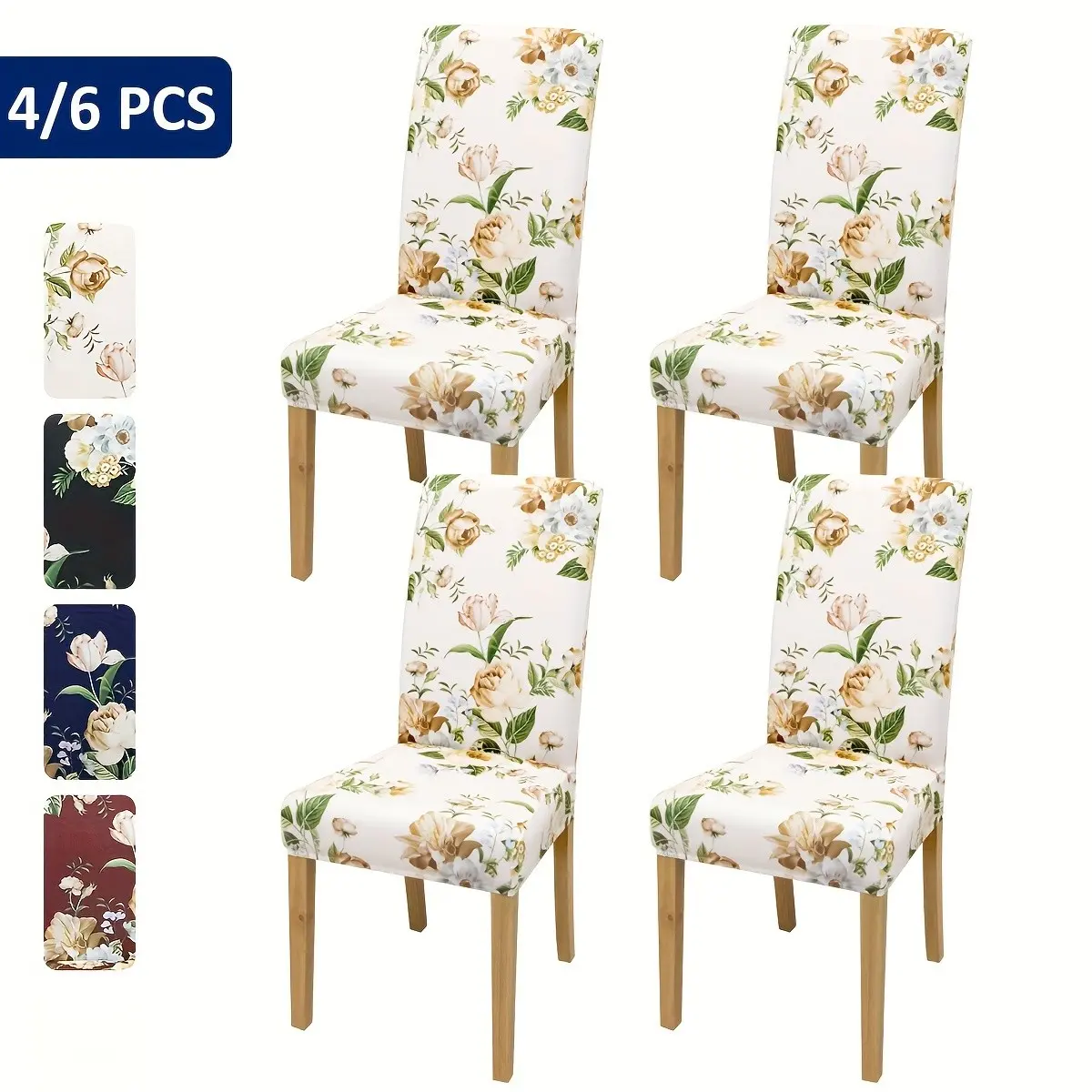 4/6 Piece Spring Summer Rose Floral Print Chair Covers, Home Decor Furniture Protector, Easy Care Elastic Fit Stretch Chair Slipcover Sofa Set, Washable Chair Seat Slipcovers