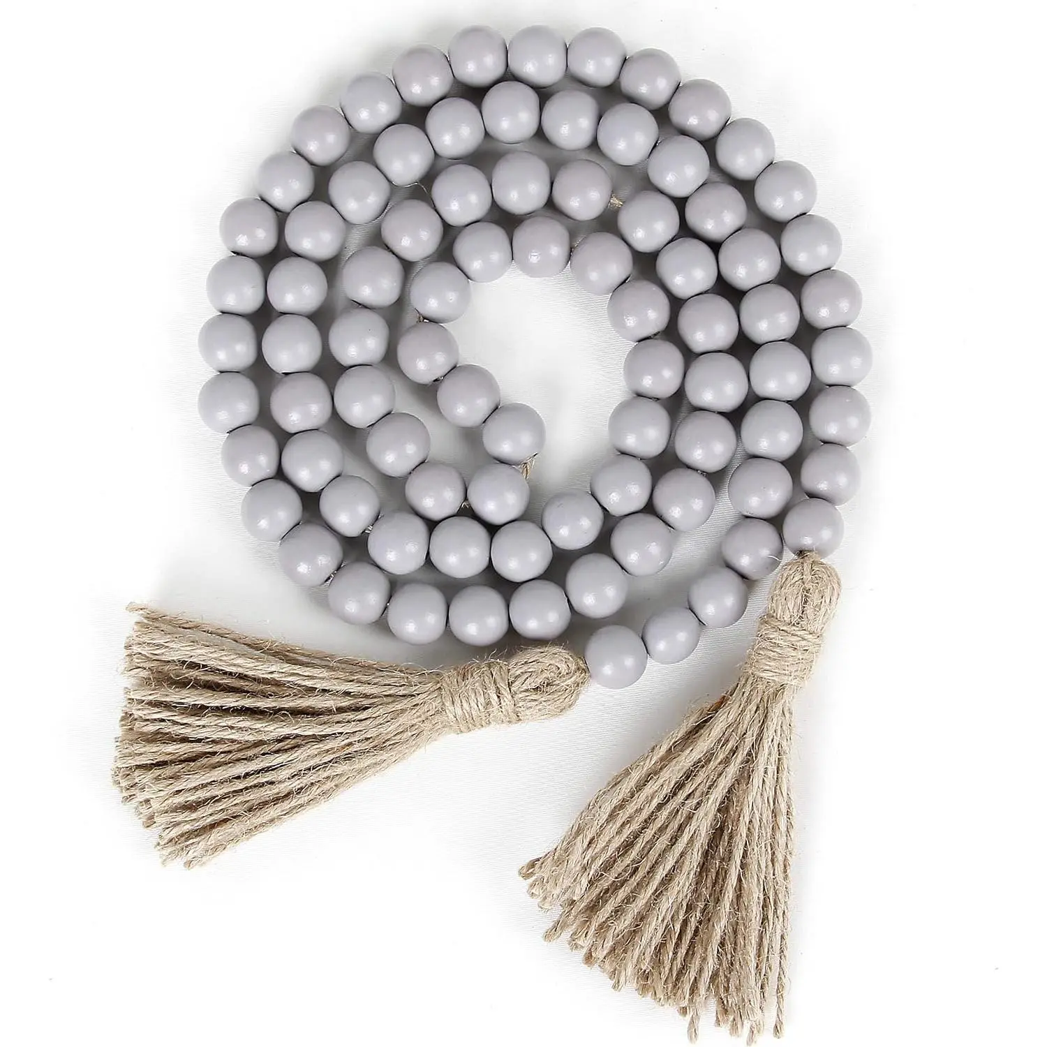 58in Wood Bead Garland with Tassels,Farmhouse Beads Rustic Country Decor Prayer Boho Beads Wall Hanging Decoration (Gray)