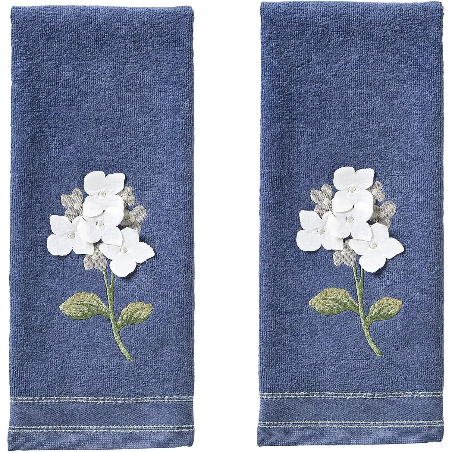 Hydrangea 100% Cotton 3D Embroidered 2pc Hand Towel Set, Decorative for Bath/Kitchen/Bar & Gift, Blue
