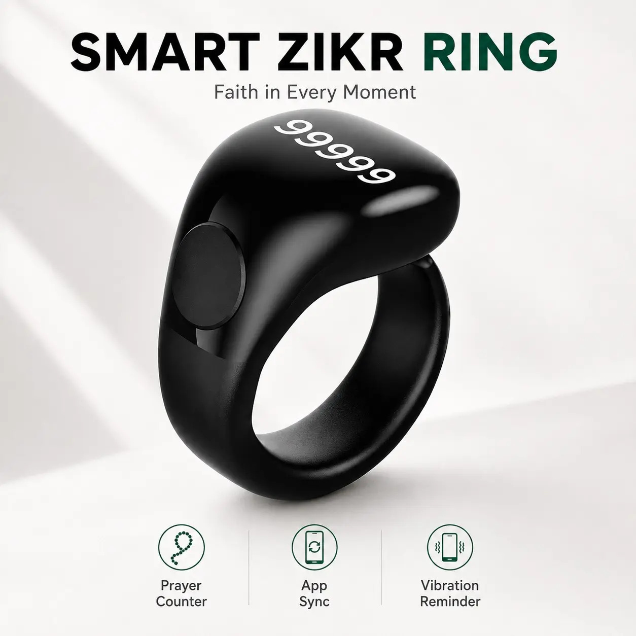 Smart Zikr Count Ring, Minimalist Modern Islamic Design For Muslim, Button Counter, Tasbih Counter, 33/99 Dhikr Vibration Reminder, APP Sync, Muslim Daily Prayer Tool