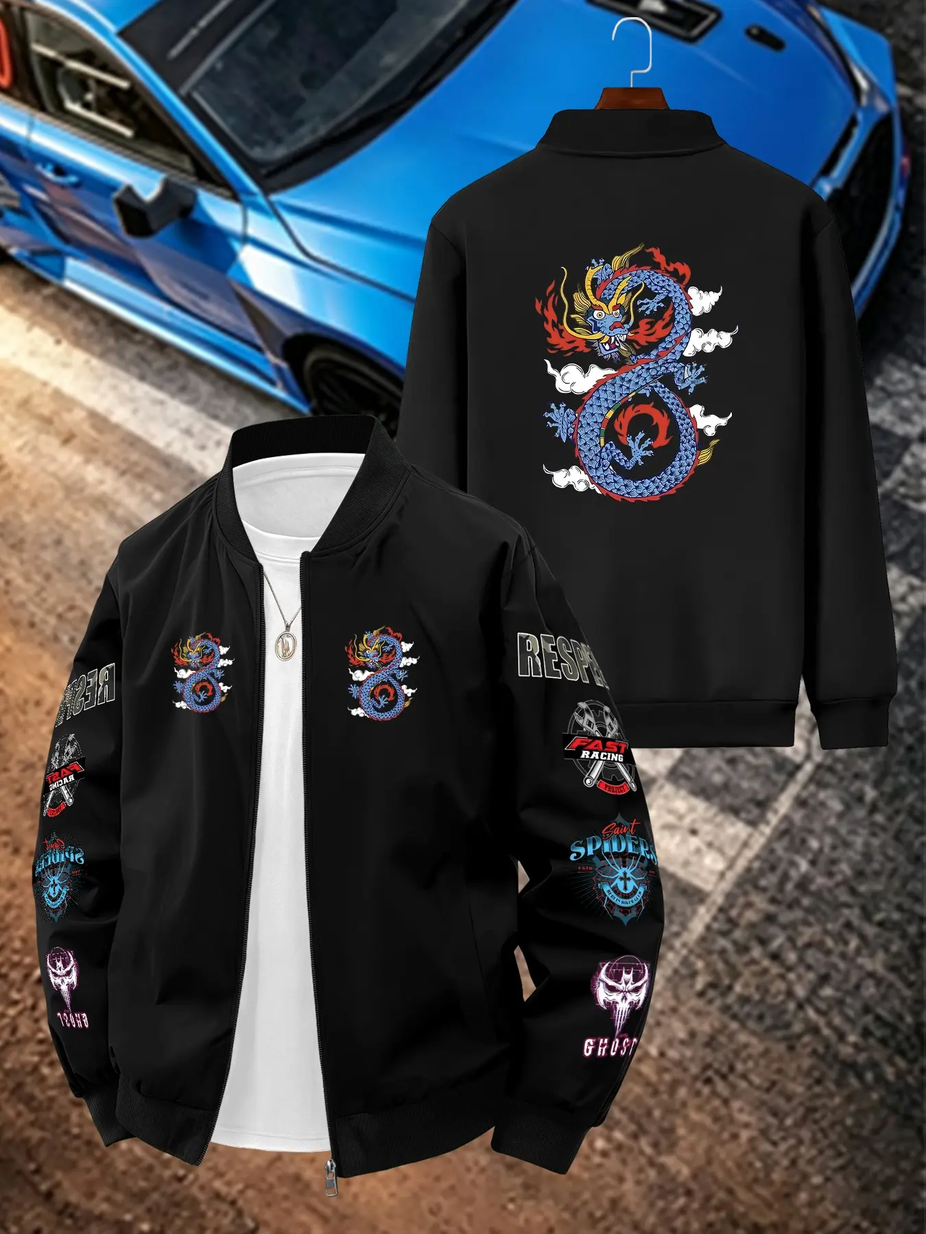 Traditional Mythical Dragon Print Men's Casual Jacket, Long Sleeve Slim-Fit, Geometric Pattern, All Seasons