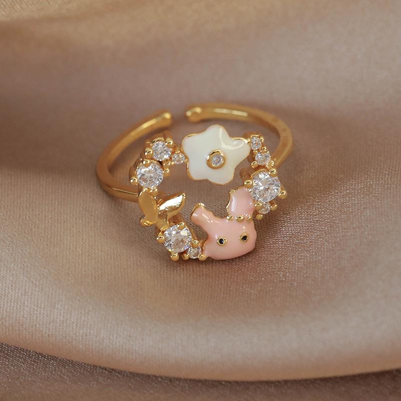 Spring and summer macaron-colored oil-drip flower heart ring with zircon inlay, open niche ring for women, personalized index finger ring