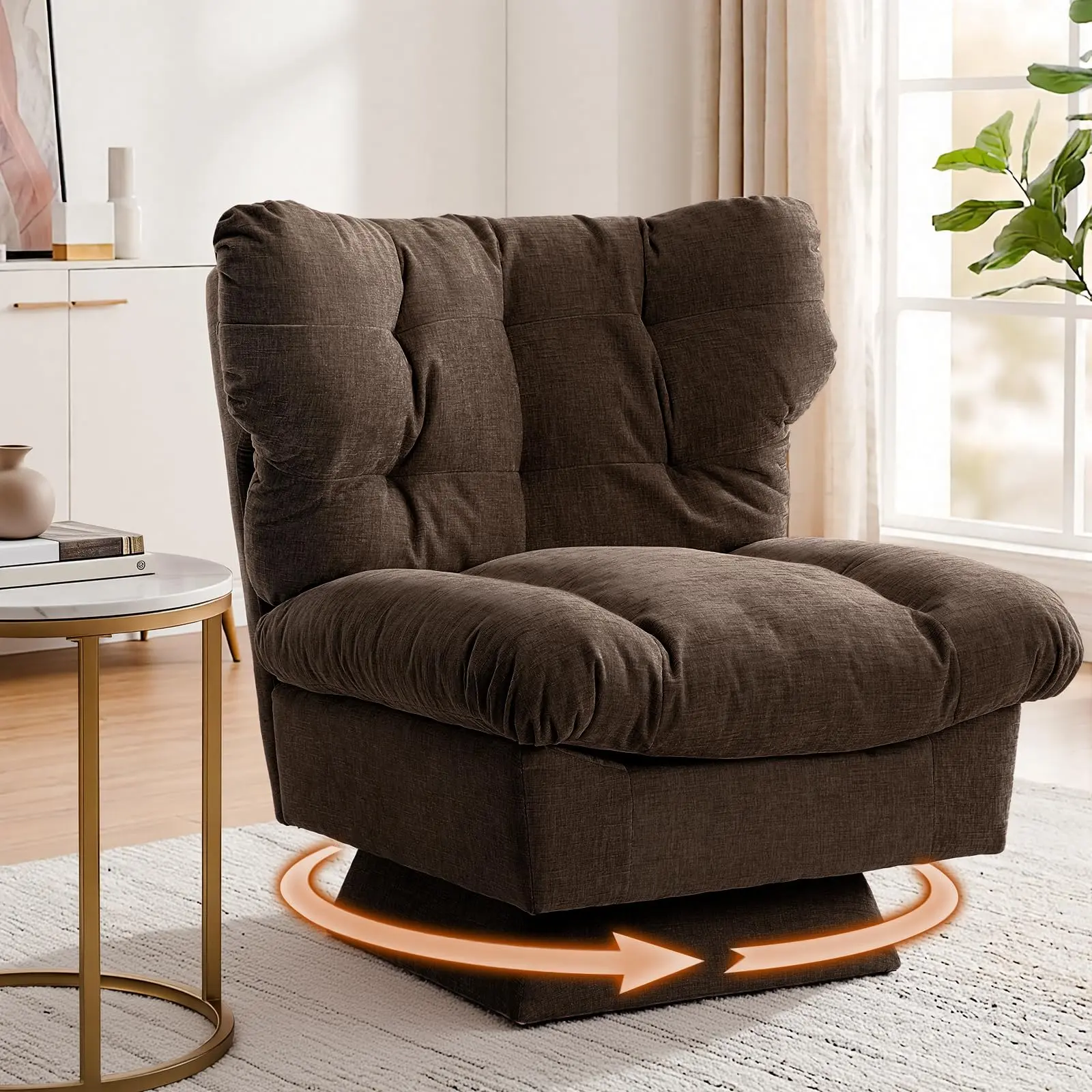 Oversized Chenille Swivel Accent Chair - Modern 360° Rotating Sofa Chair with Extended Seat, Thick Cushion, Cozy Reading Lounge, 300 lbs Capacity