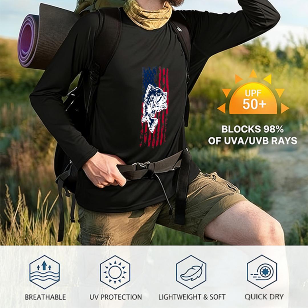 Men's UPF 50+ UV Protection Sun Jacket American Flag Fish Pattern Lightweight Breathable Quick Dry Long Sleeve Hooded