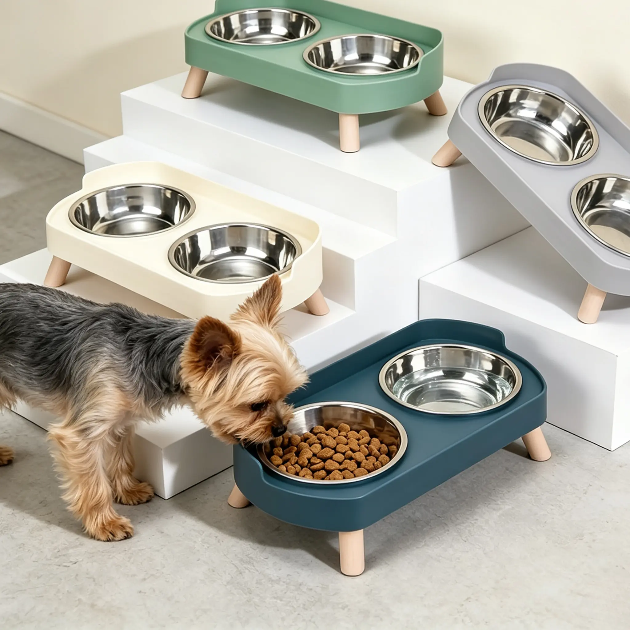 2-in-1 cat and dog feeding bowl, new cat and dog elevated double bowl, indoor raised feeding bowl combination, double-layer stainless steel bowl, anti vomiting, neck protection, anti slip feeding device, splash proof and easy to clean