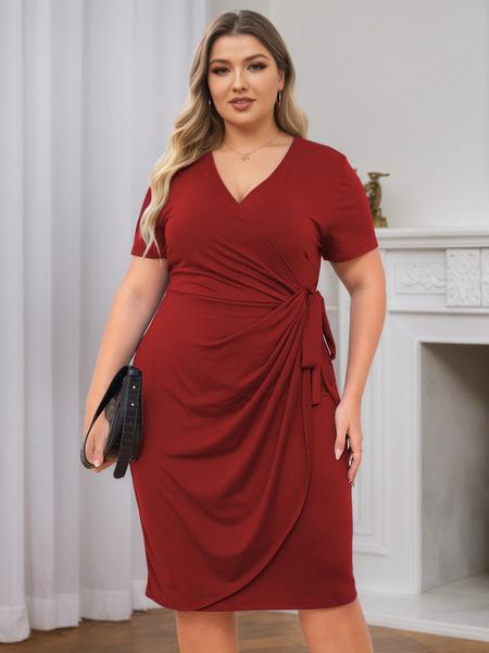 Plus Size Slim Fit Mid-Length Dress, Casual V Neck Short Sleeve High Waist Summer Dress with Belt, Soft Comfortable Women's Clothing