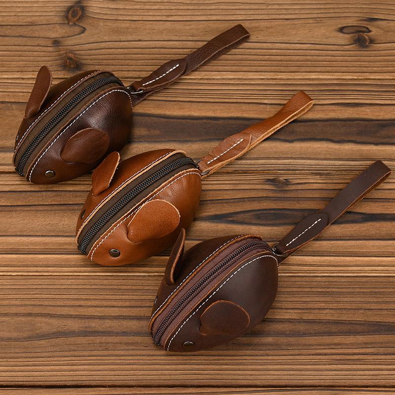 Unisex Crazy Horse Leather Card Holder & Coin Purse | Genuine Cowhide Mini Wallet, Cute Mouse Animal Design, Zipper Closure Slim Card Case, Durable Lightweight EDC Pocket Wallet for Daily Casual Use