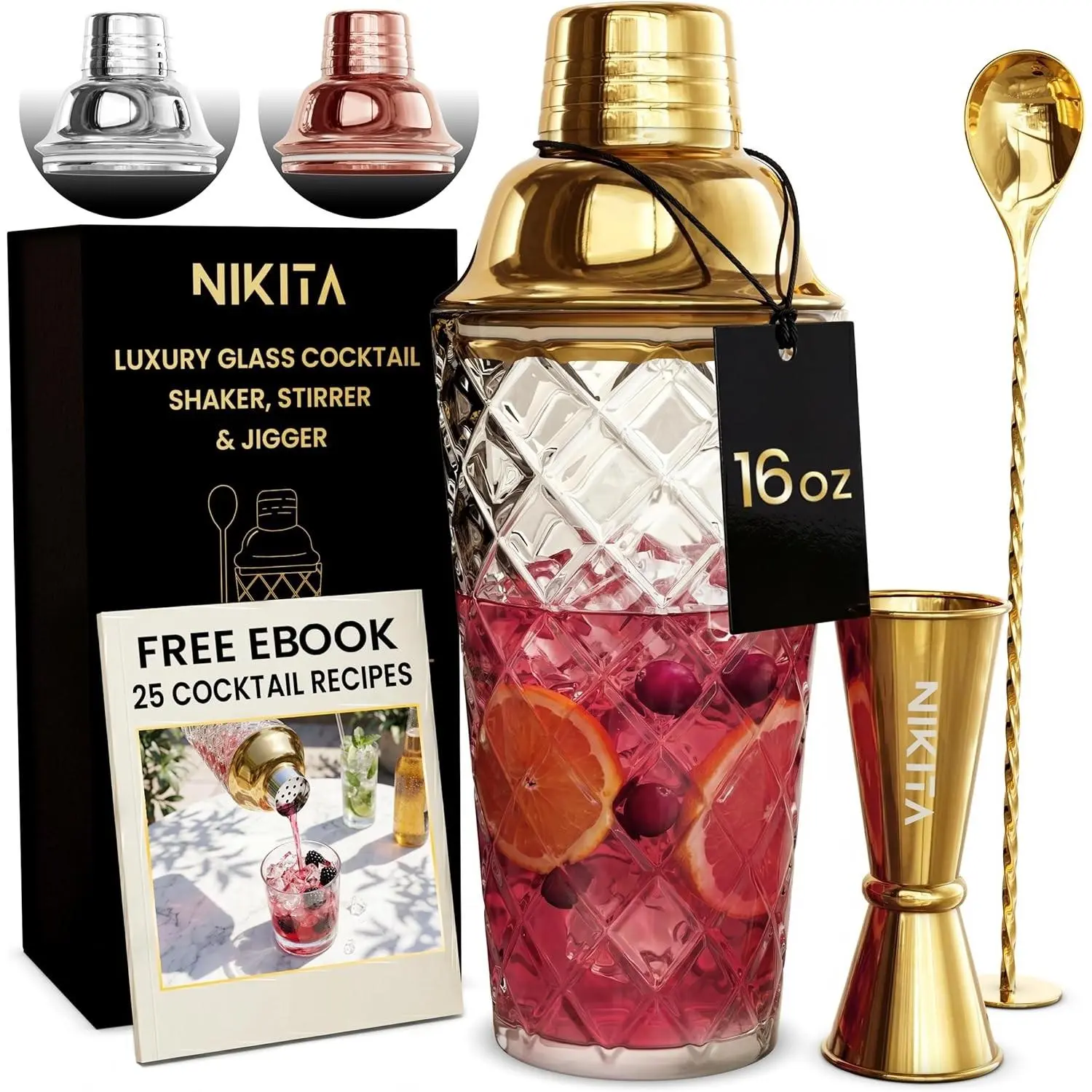 Cocktail Shaker, 5-Piece Martini Shaker & Bartender Kit with Bar Accessories Strainer, Jigger, Spoon & Muddler, Gold 16oz Drink Mixer with Bartender AccessoriesGift
