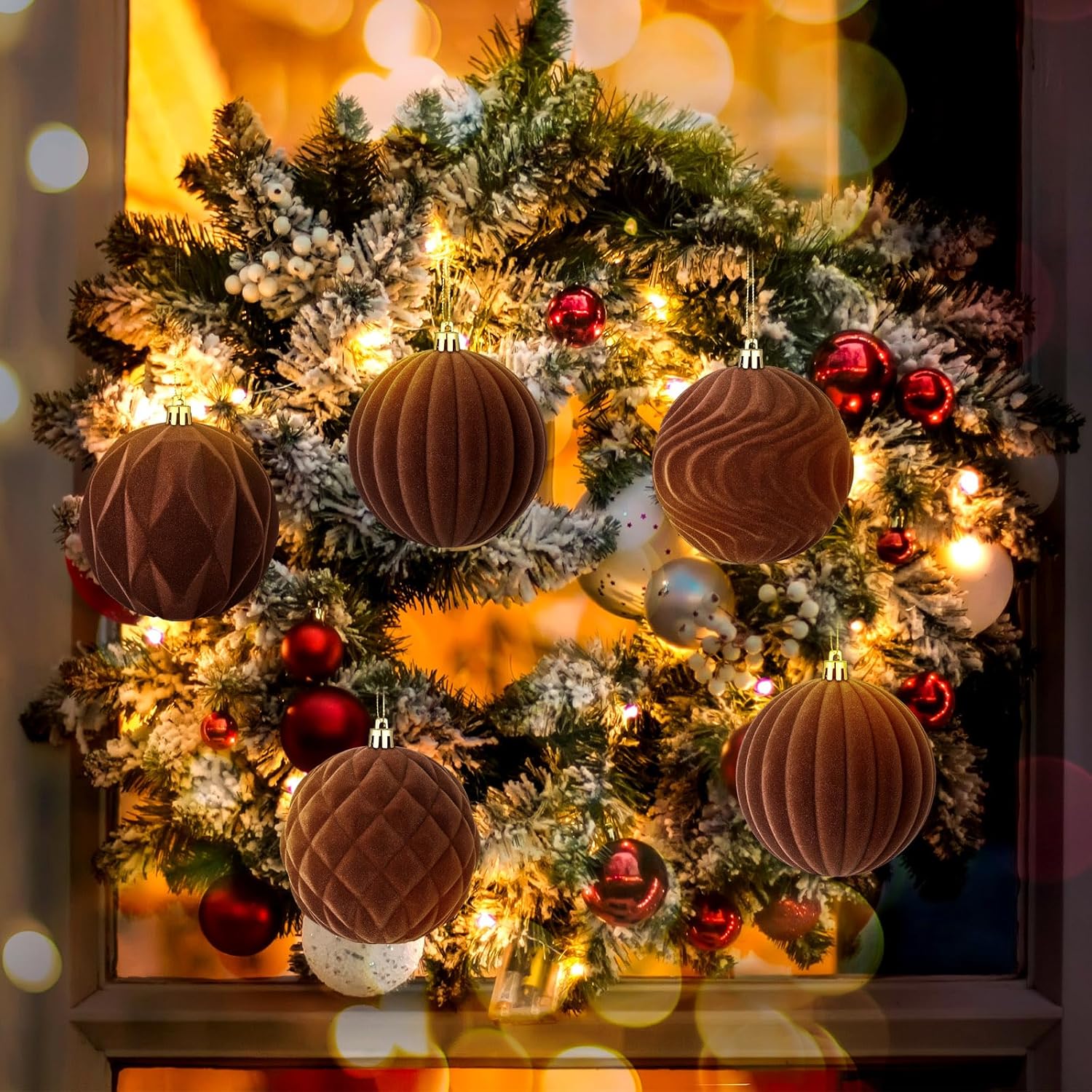 4 Pcs 4 Inch Brown Large Velvet Christmas Ball Ornaments Vintage Christmas Plastic Ball Ornaments Flocked Tree Hanging Decoration for Xmas Party Wedding Home Decor