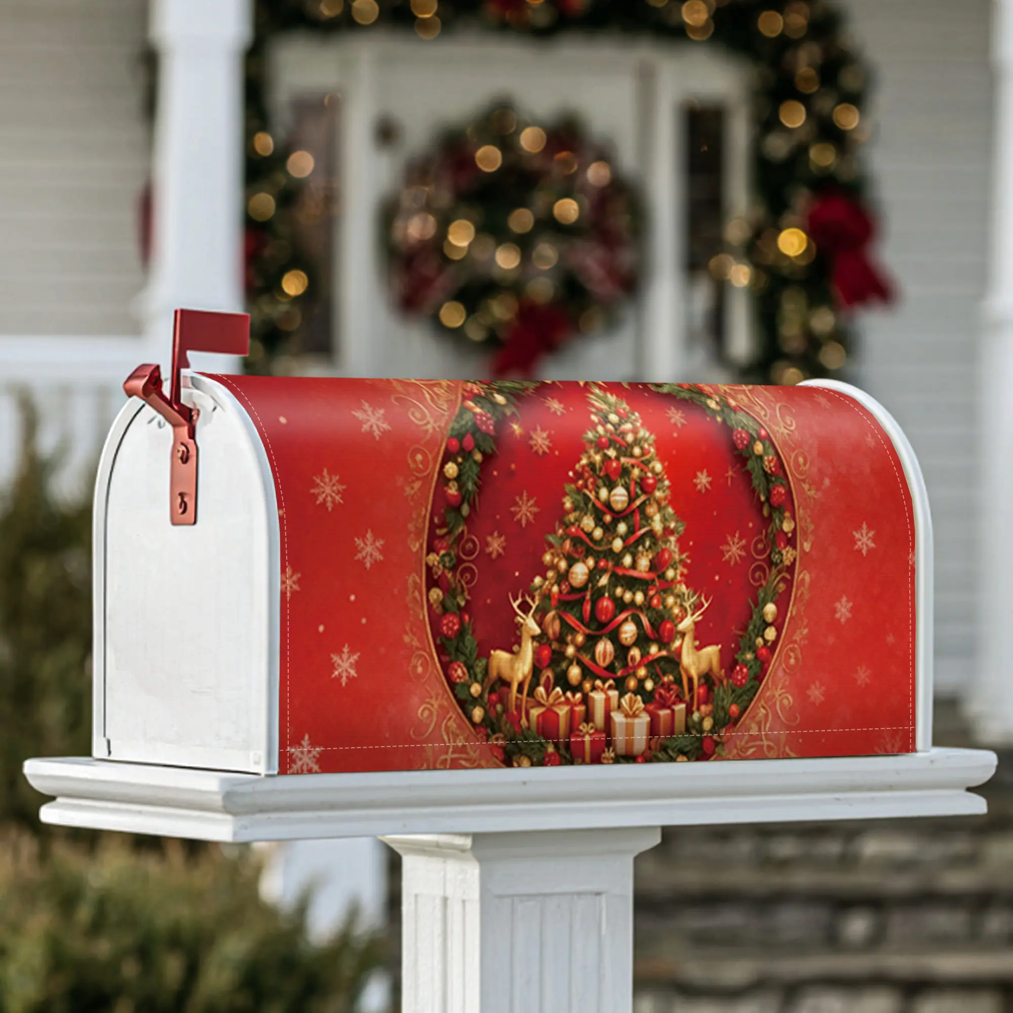 Christmas tree Magnetic Mailbox Covers, Christmas festive reindeer ornaments Christmas red Mailbox Wraps for Front Porch Decor