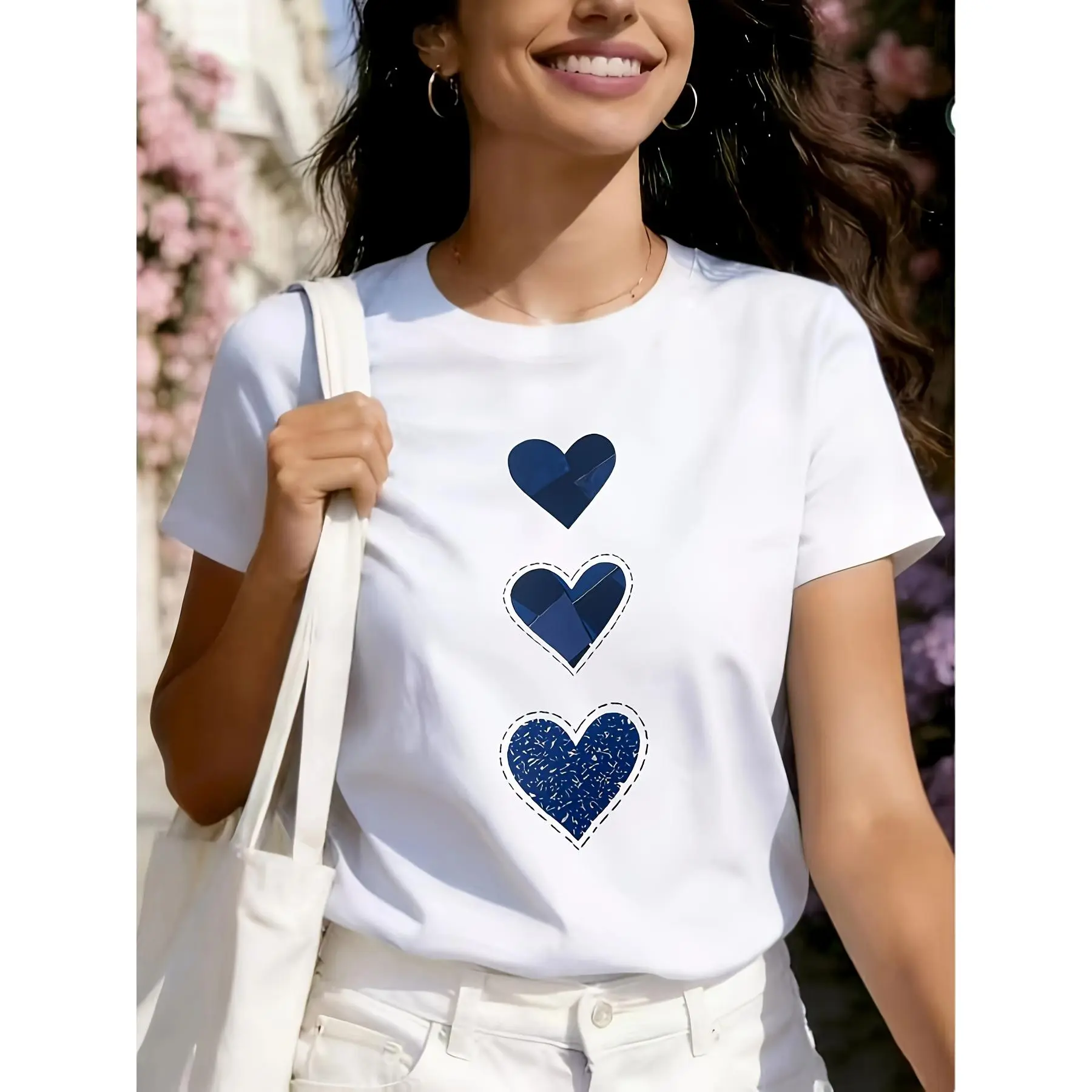 Women Three Vertical Navy Blue Hearts Graphic T-Shirt, Cute Dotted Stitch Heart Print Crew Neck Short Sleeve Casual Daily Tee
