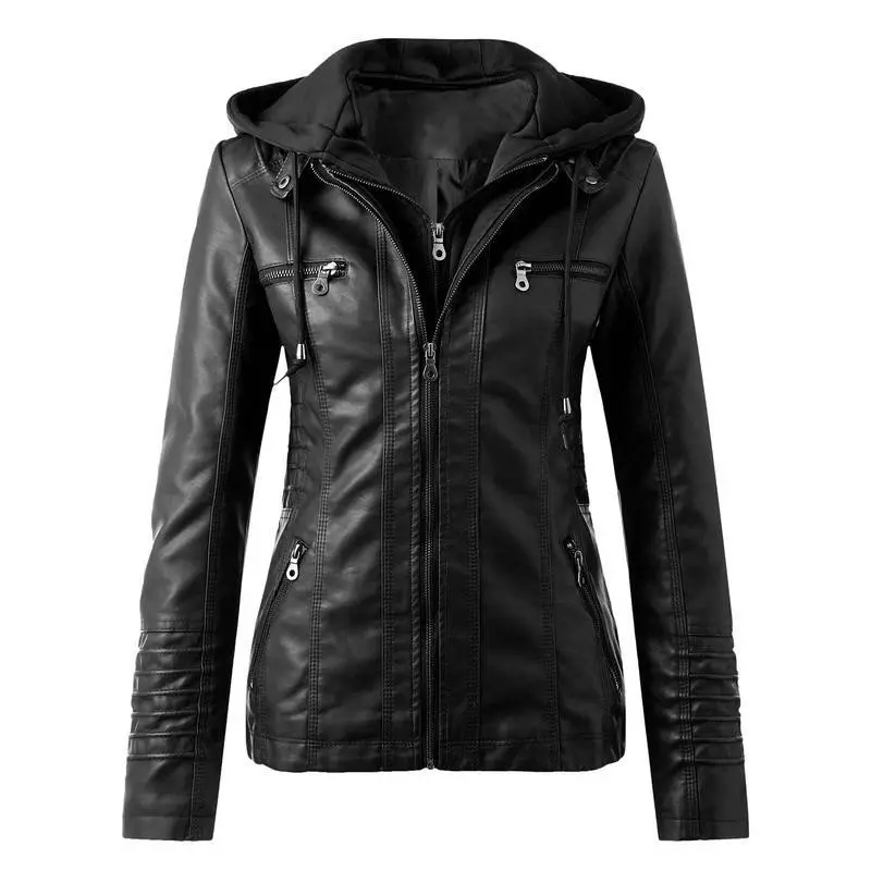 Leather jacket women's hooded synthetic leather motorcycle jacket zipper long sleeved autumn/winter outdoor jacket jacket