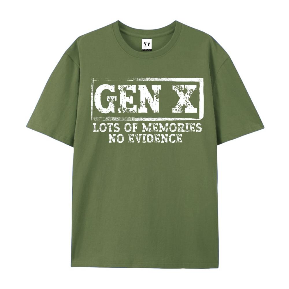 Gen X Lots Of Memories No Evidence Funny Graphic T-Shirt Vintage Distressed Crewneck Tee For Men Women Unisex Casual Short Sleeve Top 80s 90s Nostalgia Sarcastic Apparel