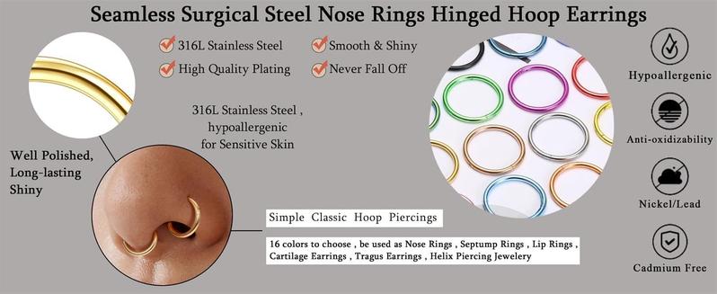LOLIAS Surgical Steel Nose Rings Hoop Nose Clicker Ring Septum Jewelry 16G 18G Nose Hoop Lip Rings Nose Helix Cartilage Rook Earrings Nostril Piercing Jewelry Hypoallergenic