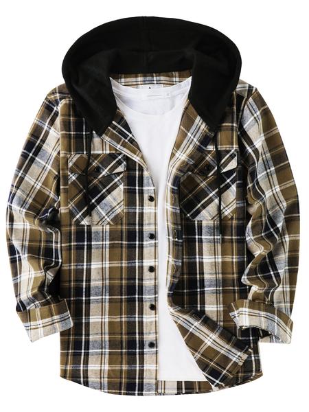Men's Flannel Hoodie Long Sleeve Fashion Plaid Hooded Shirt Button Neckline with Pockets, Casual Winter Wear for Men