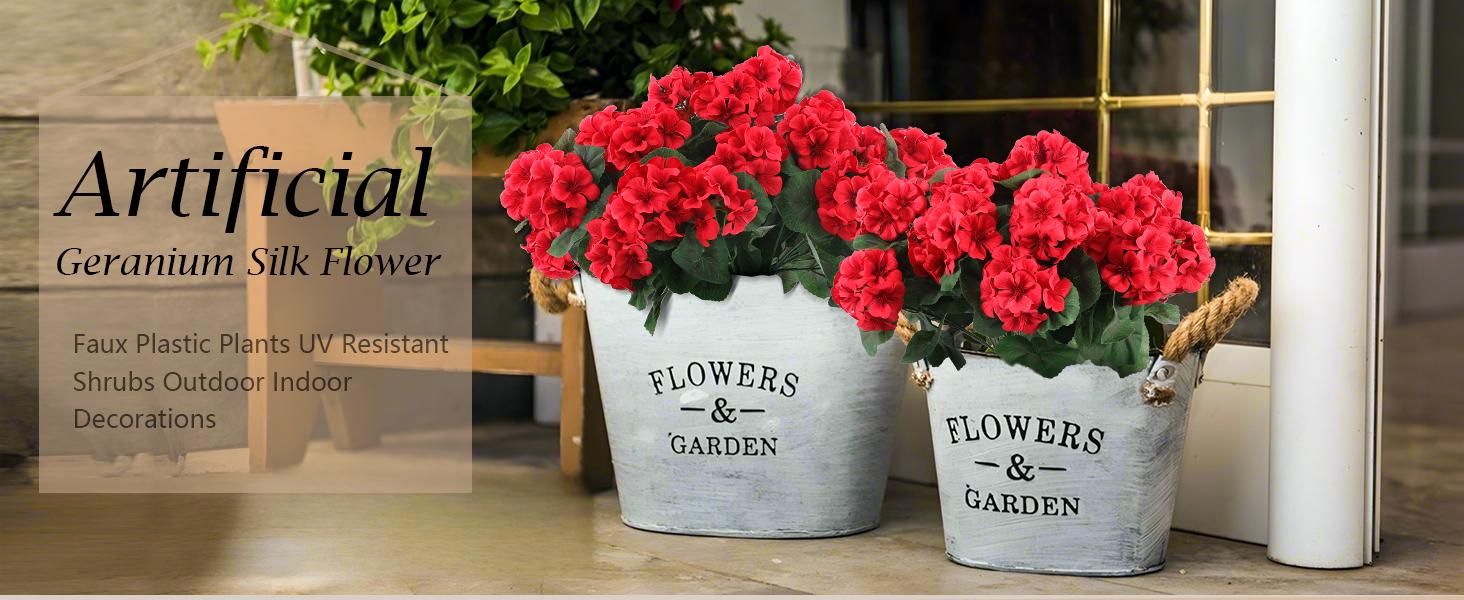 8 Pcs Artificial Geranium Flowers for Outdoors Geranium Silk Red Flower Outdoor UV Resistant Garden Plants Faux Flowers for Christmas Home Kitchen Table Centerpieces Decor