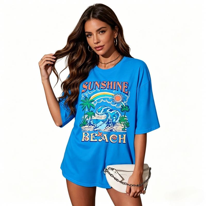 Oversized Hawaiian Shirts,Women Sunshine Beach Tshirt,Hawaii Tropical Tops,Beach Graphic Shirt,Summer Vacation Tee Top,100% Cotton, comfortable, Casual