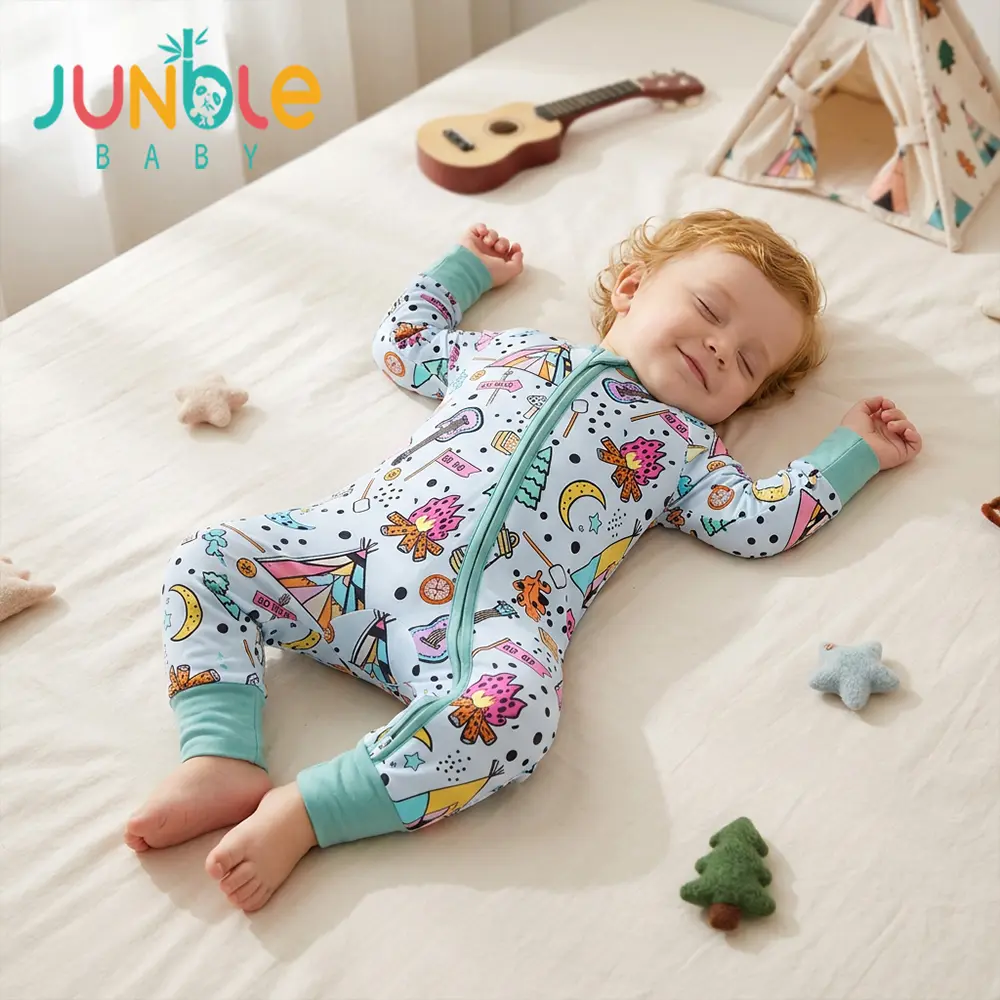 Junblebaby Bamboo Fiber Baby Camping Zipper Onesie, 2-Way Zipper Foldable Cuff Footed Sleeper Jumpsuit,baby bamboo zipper romper,baby boy romper,cute baby clothes, 0-3T Toddler Outdoor Camping Print PJs