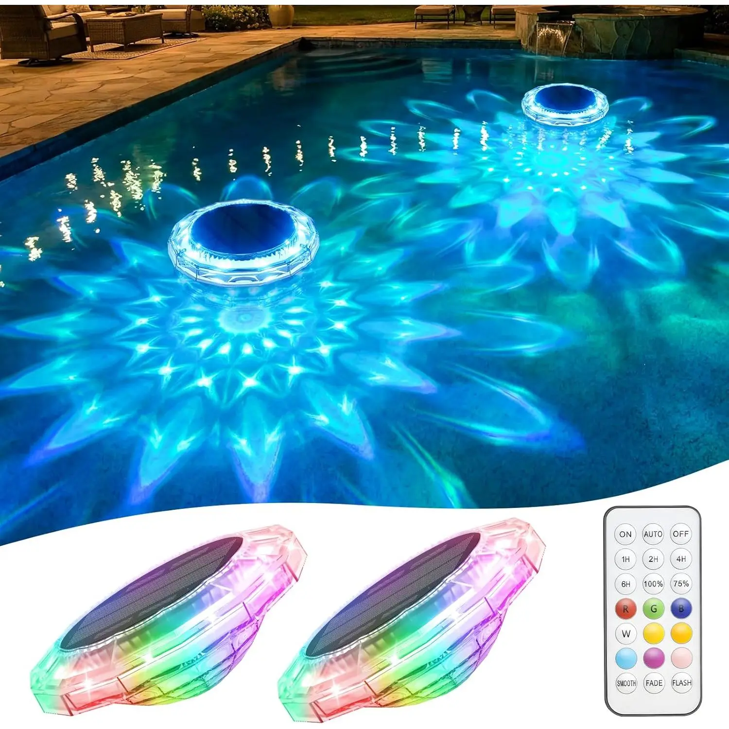 Solar Pool Lights, IP68 Waterproof Floating Pool Lights with Remote & Button Control, 9 Colors & 3 Modes, Timer & Memory, Floating Light for Pool, Party, Bathtub (2 Pack)
