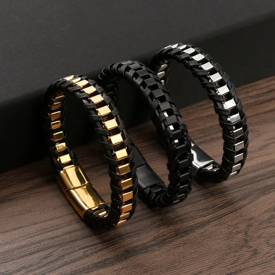 Men's Braided Leather Bracelet with Stainless Steel Chain, Vintage Punk Rock Biker Jewelry with an Adjustable Fit for Music & Streetwear, Vintage Edge, Bangle